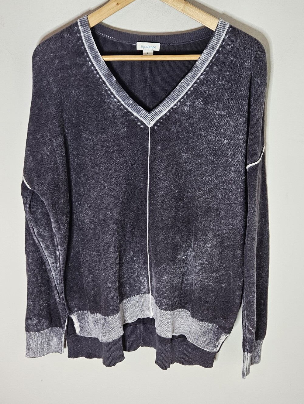 Sundance Cece Sweater Cotton V Neck Gray Black Oversized Women's L Large